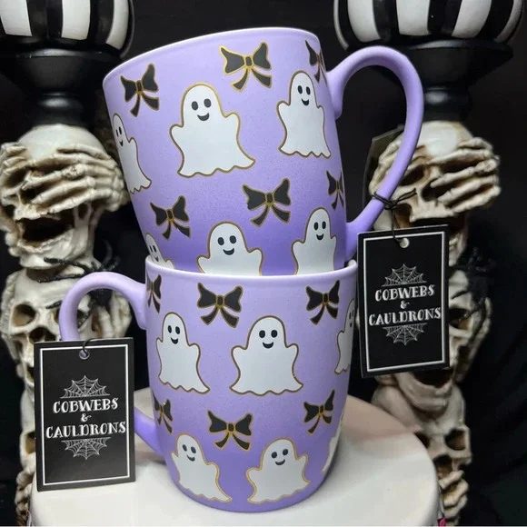 Cobwebs & Cauldrons Halloween Purple Ombre White Ghost Black Bow Coffee Mugs - Picture 2 of 12